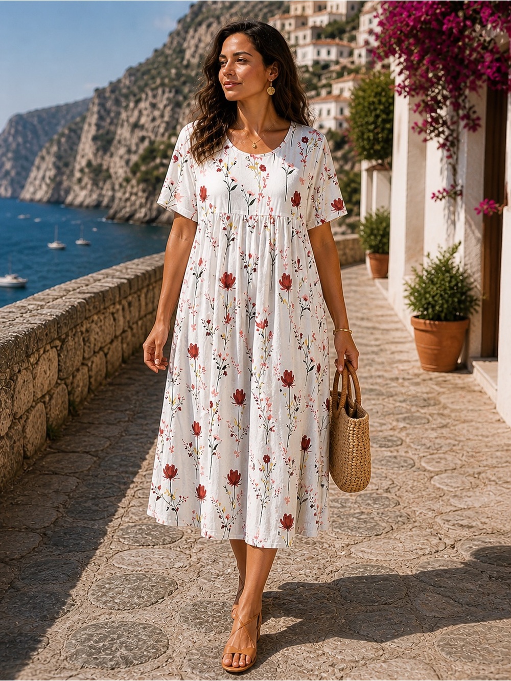 White and Red Casual Midi Sundress with Crew Neck ♥️